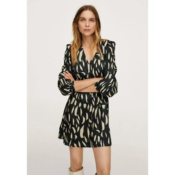 NWOT Mango Printed Bow Dress Black Tan US10 - Picture 1 of 8